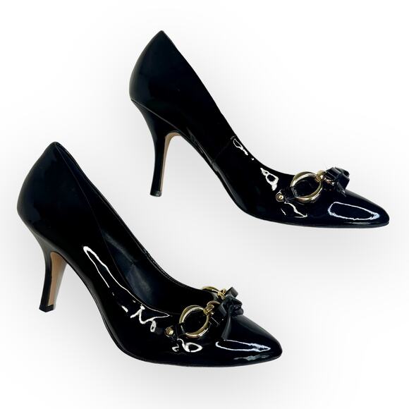 White House Black Market Gabriele Pump Size 6 Black Patent Leather Bow Chain Toe - Picture 4 of 12